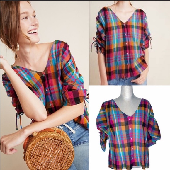Sz M Anthropologie Maeve Amelia Button Down Plaid Top - Picture 1 of 5